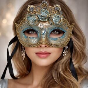 La Maschera del Galeone Venetian Mask Blue Gold Hand Painted Italy